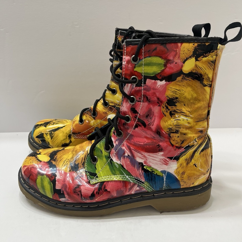 Yoki Combat Boots Glossy Vibrant Abstract Floral Pattern Lace Up Women's 9